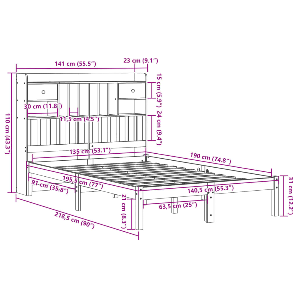 Bed met boekenkast zonder matras massief grenenhout 135x190 cm