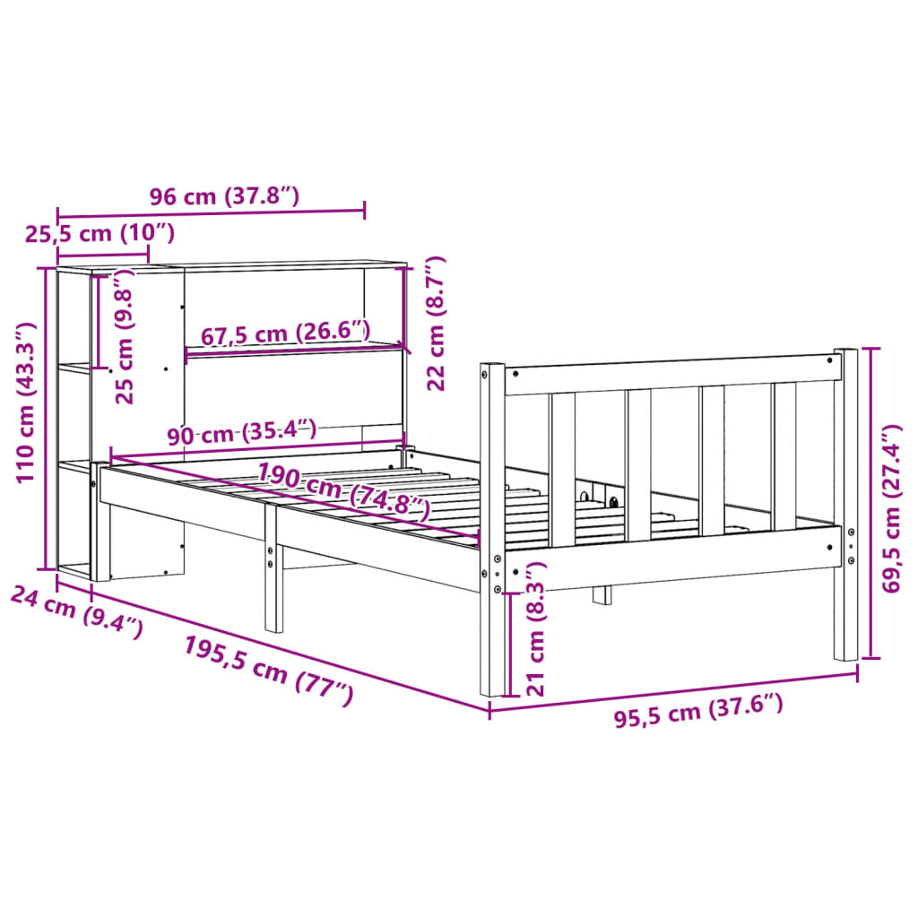 Bed met boekenkast zonder matras grenenhout wit 90x190 cm