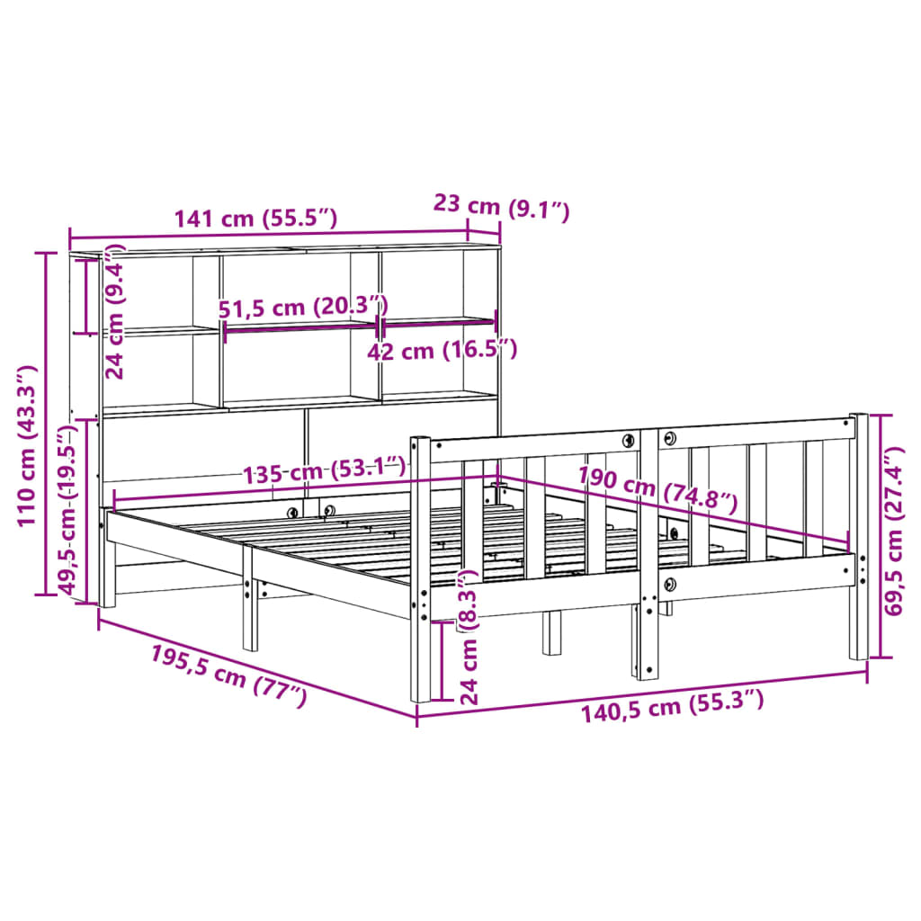 Bed met boekenkast zonder matras grenenhout wasbruin 135x190 cm