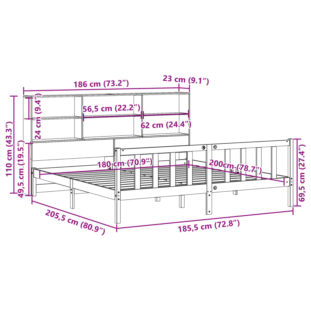 Bed met boekenkast zonder matras grenenhout wasbruin 180x200 cm
