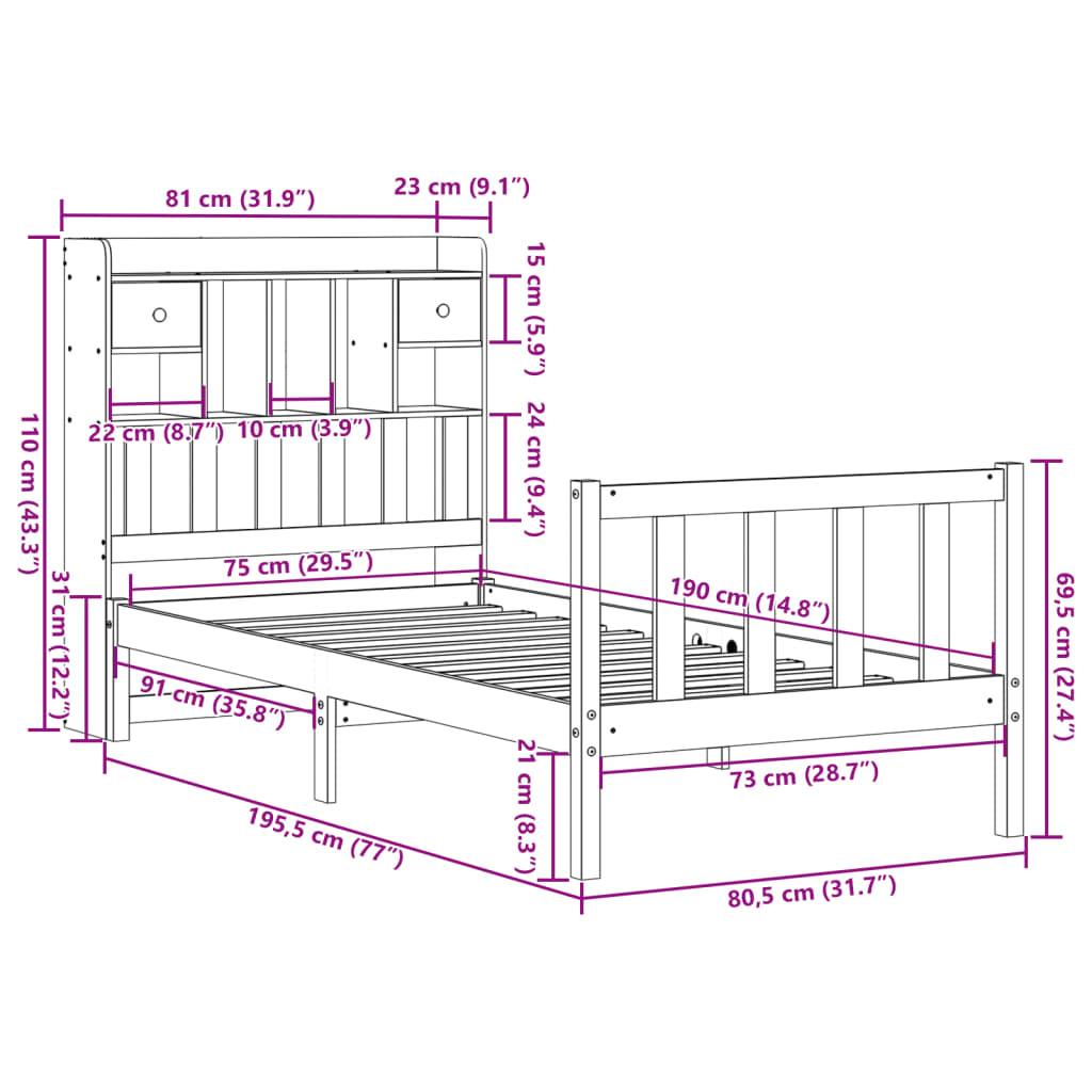 Bed met boekenkast zonder matras massief grenenhout 75x190 cm