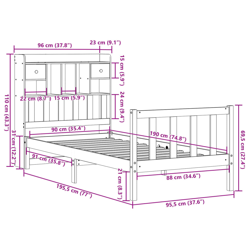 Bed met boekenkast zonder matras massief grenenhout 90x190 cm