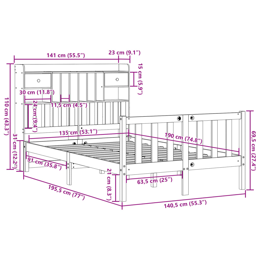 Bed met boekenkast zonder matras grenenhout wasbruin 135x190 cm