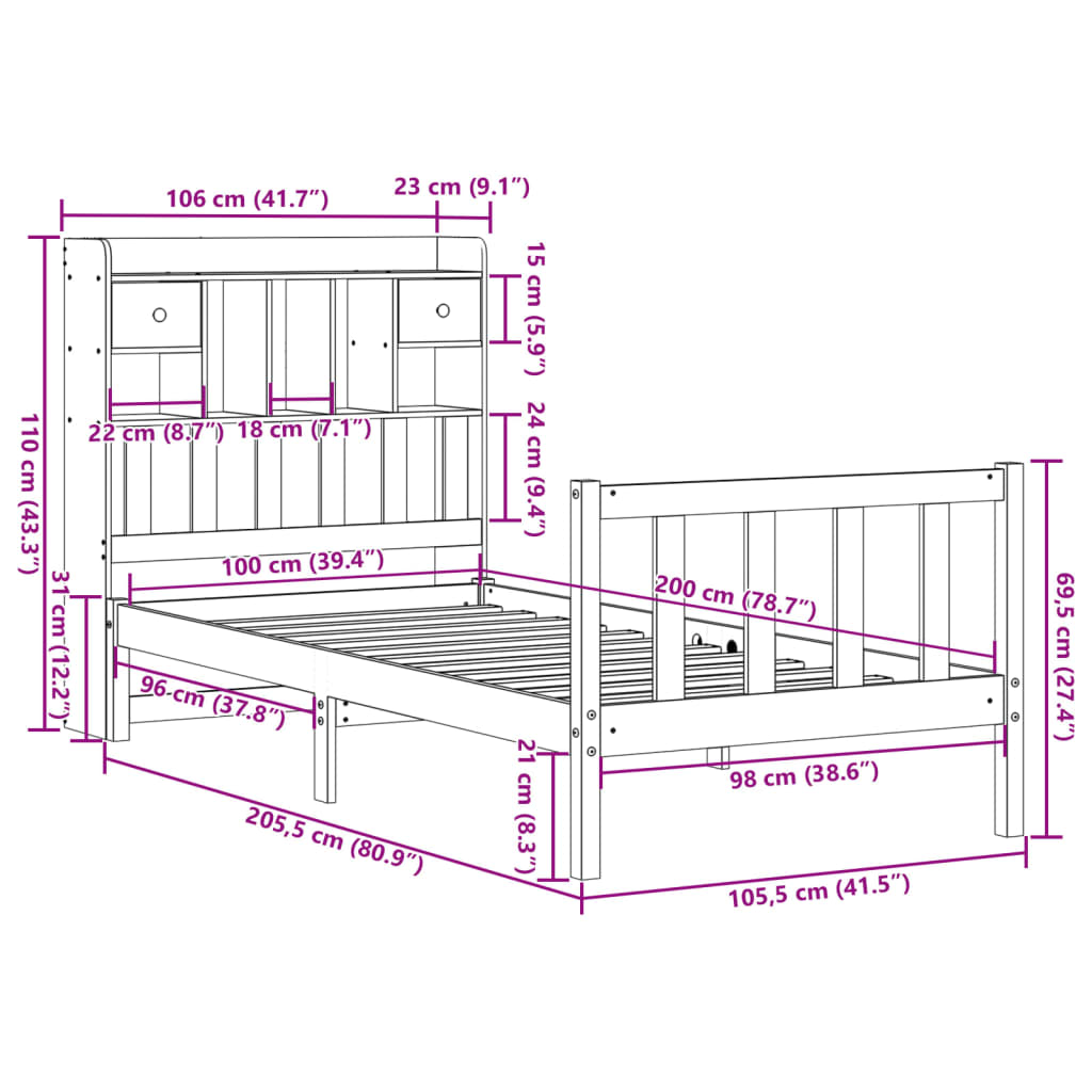 Bed met boekenkast zonder matras grenenhout wasbruin 100x200 cm