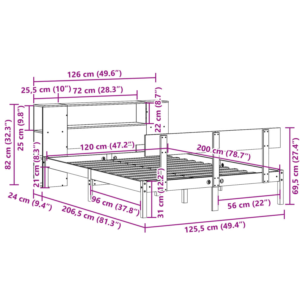 Bed met boekenkast zonder matras grenenhout wit 120x200 cm