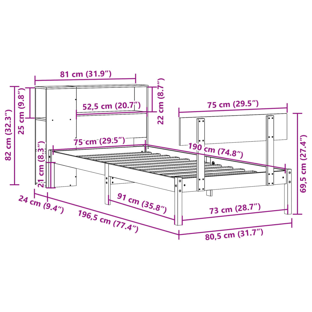 Bed met boekenkast zonder matras grenenhout wit 75x190 cm