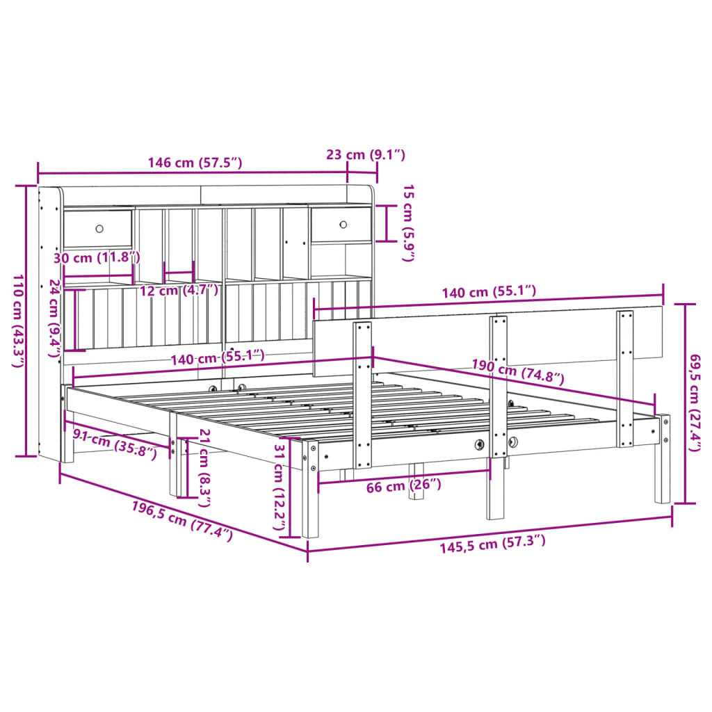 Bed met boekenkast zonder matras massief grenenhout 140x190 cm