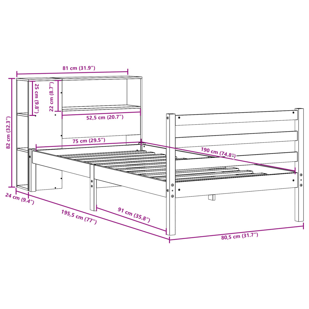 Bed met boekenkast zonder matras massief grenenhout 75x190 cm
