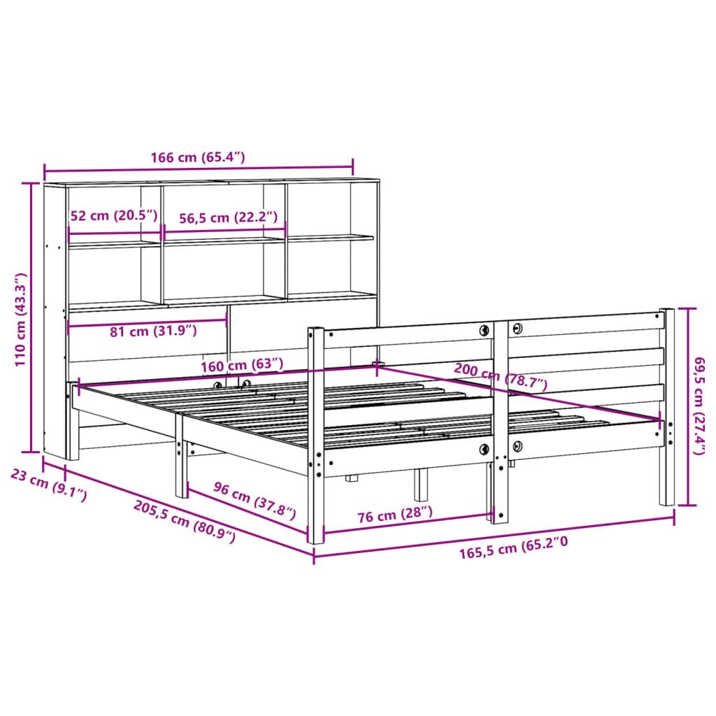 Bed met boekenkast zonder matras massief grenenhout 160x200 cm