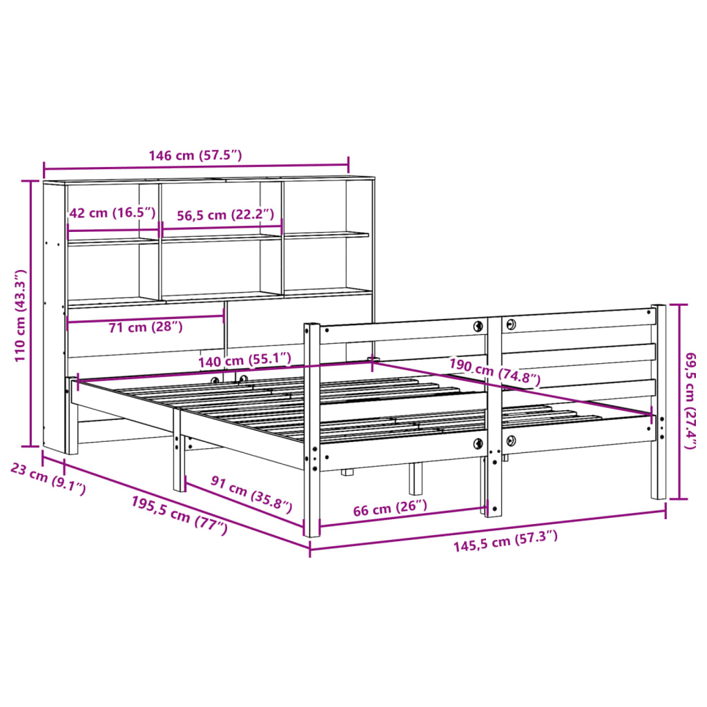 Bed met boekenkast zonder matras hout wasbruin 140x190 cm