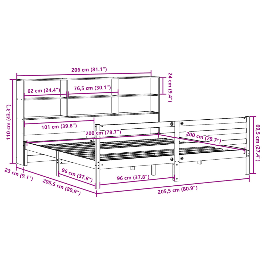 Bed met boekenkast zonder matras hout wasbruin 200x200 cm
