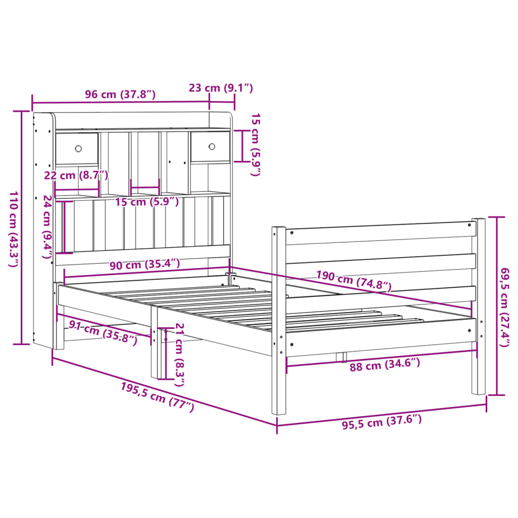 Bed met boekenkast zonder matras grenenhout wit 90x190 cm