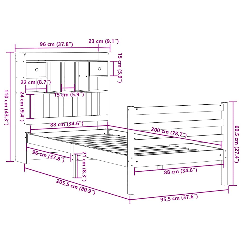 Bed met boekenkast zonder matras massief grenenhout 90x200 cm