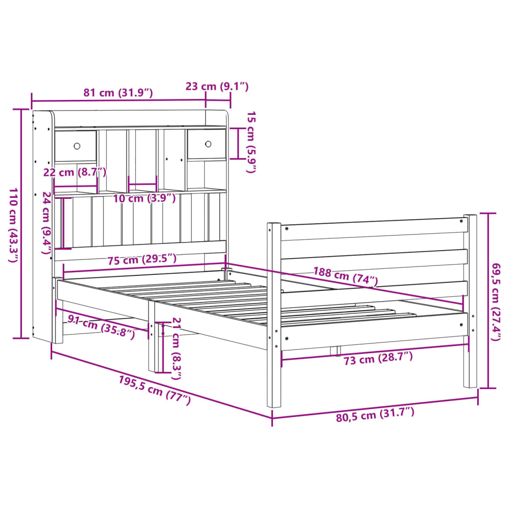 Bed met boekenkast zonder matras grenenhout wasbruin 75x190 cm