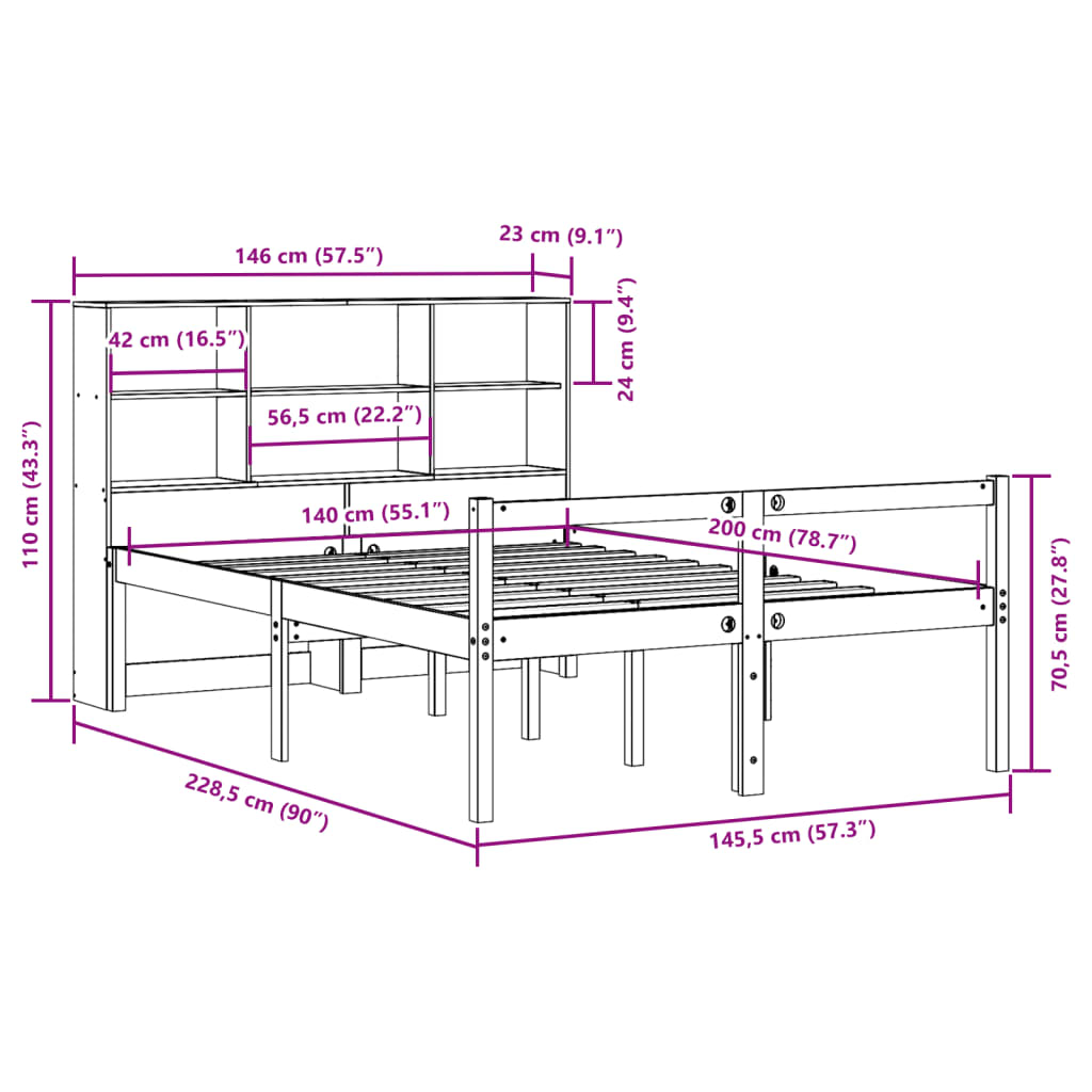 Bed met boekenkast zonder matras massief grenenhout 140x200 cm