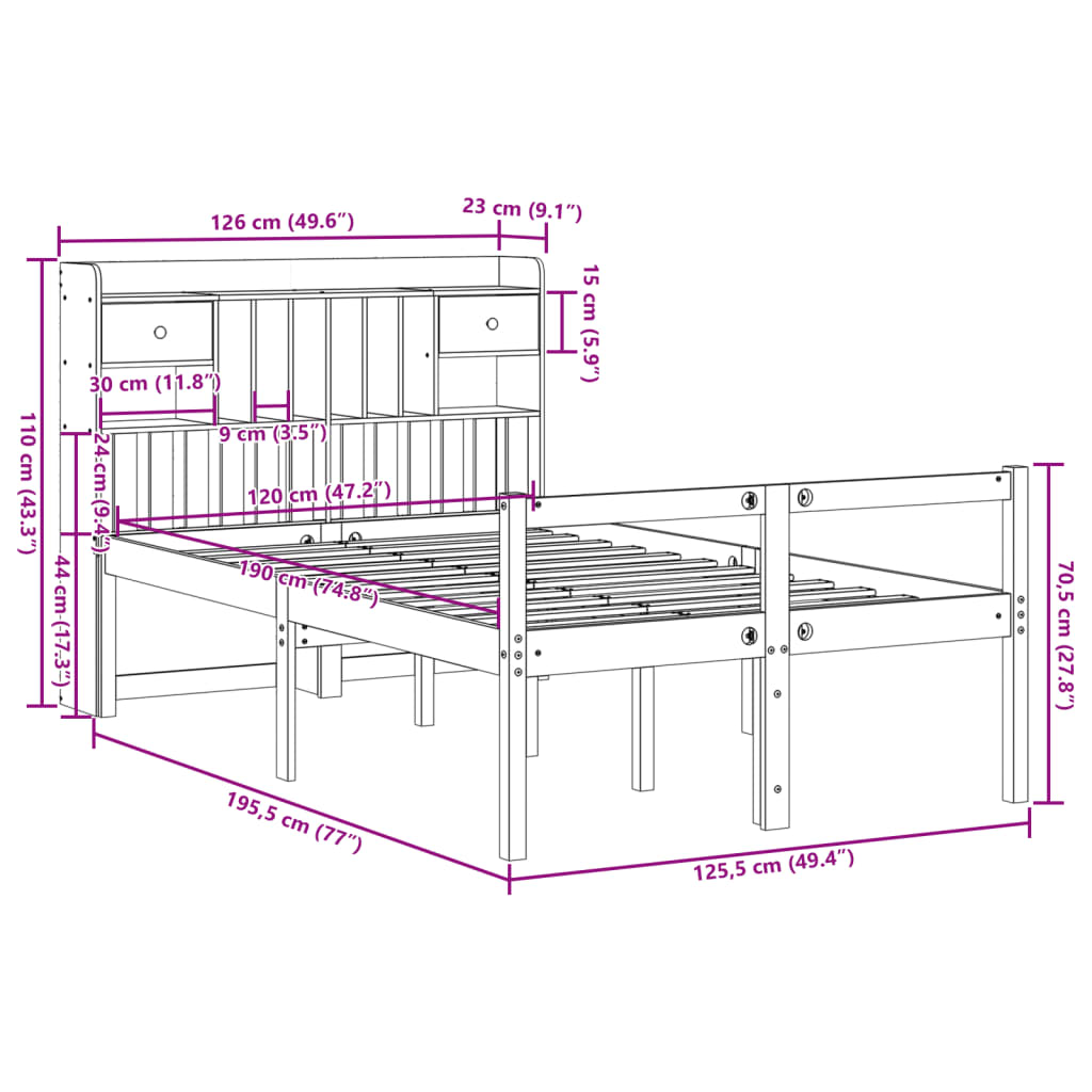 Bed Met Boekenkast Zonder Matras Grenenhout Wasbruin 120X190 Cm