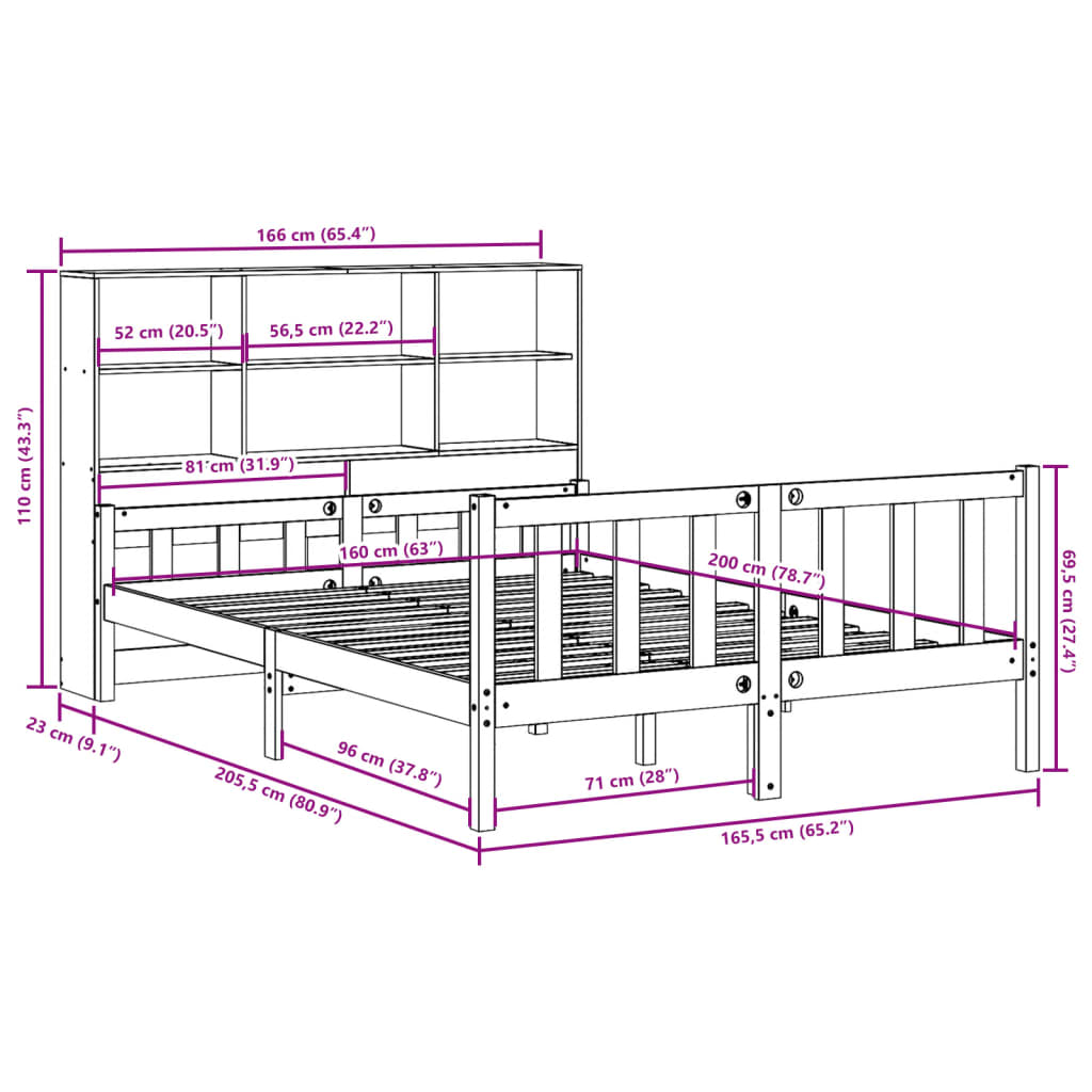 Bed met boekenkast zonder matras hout wasbruin 160x200 cm