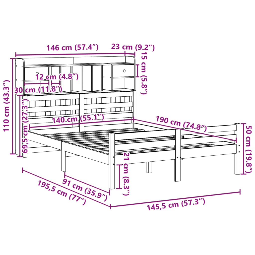 Bed met boekenkast zonder matras massief grenenhout 140x190 cm