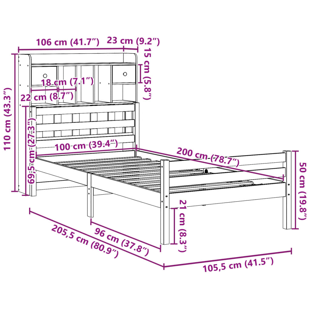 Bed met boekenkast zonder matras massief grenenhout 100x200 cm