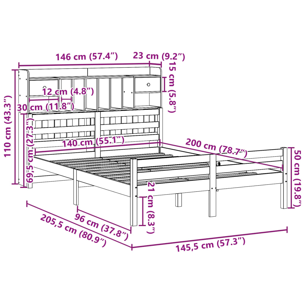 Bed met boekenkast zonder matras massief grenenhout 140x200 cm