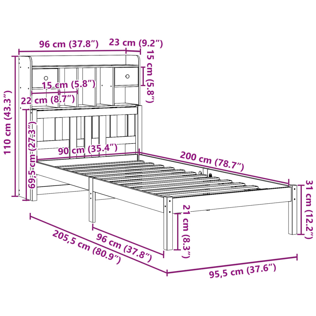 Bed met boekenkast zonder matras grenenhout wit 90x200 cm