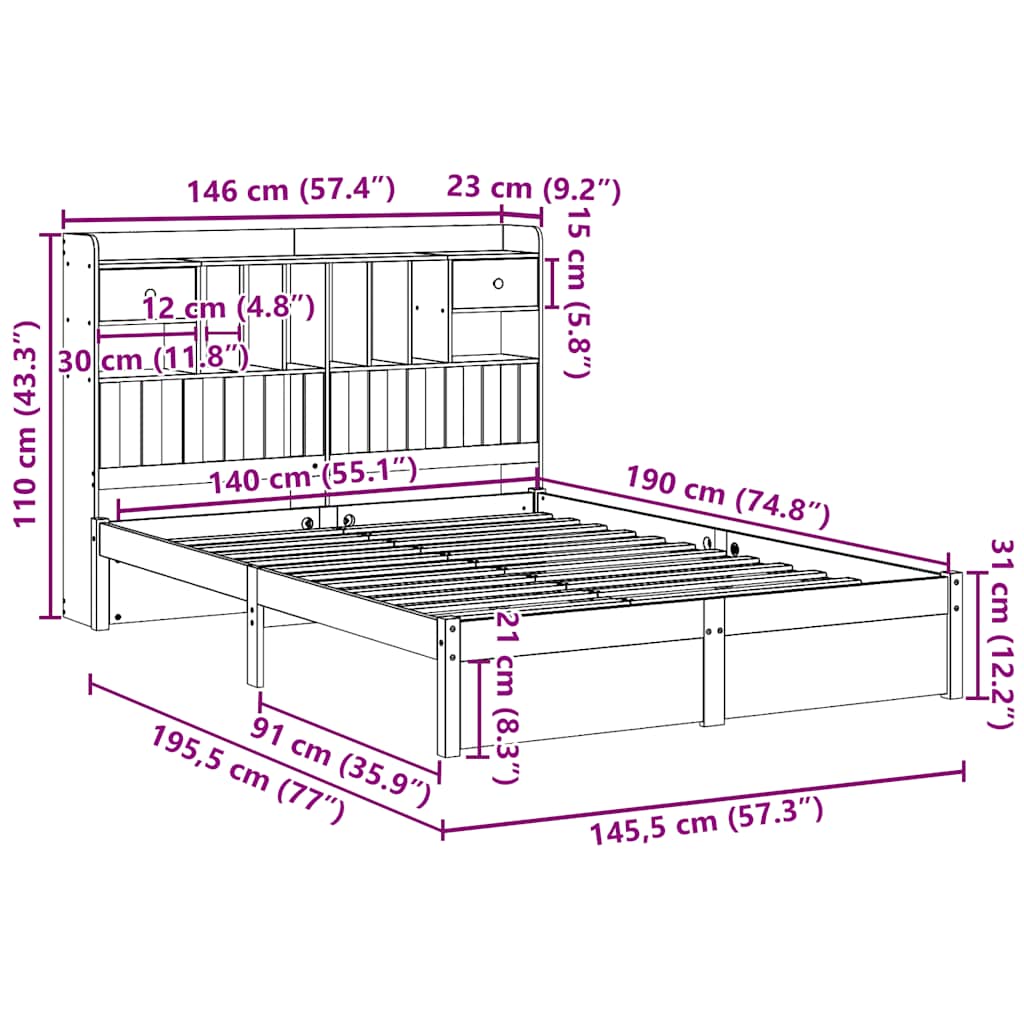 Bed met boekenkast zonder matras massief grenenhout 140x190 cm