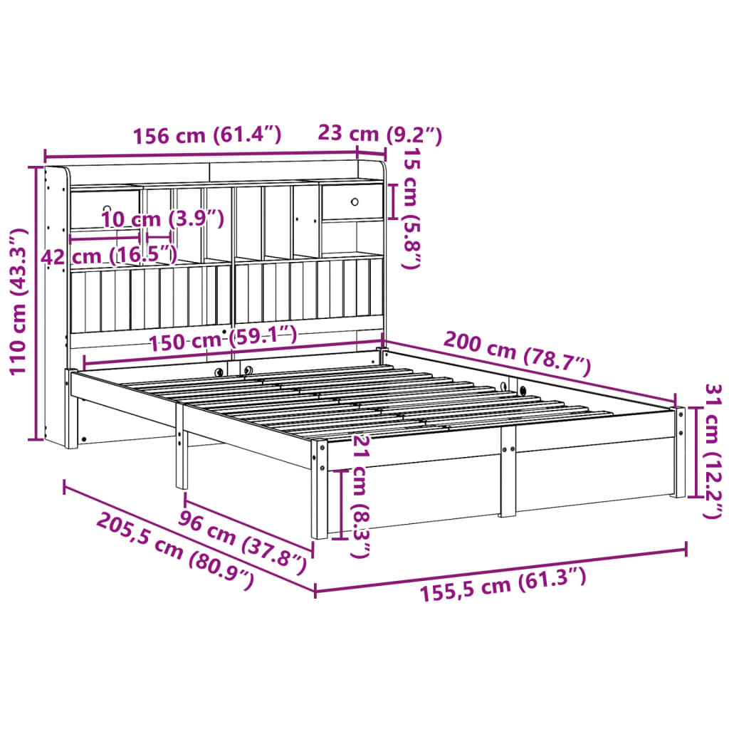Bed met boekenkast zonder matras grenenhout wit 150x200 cm