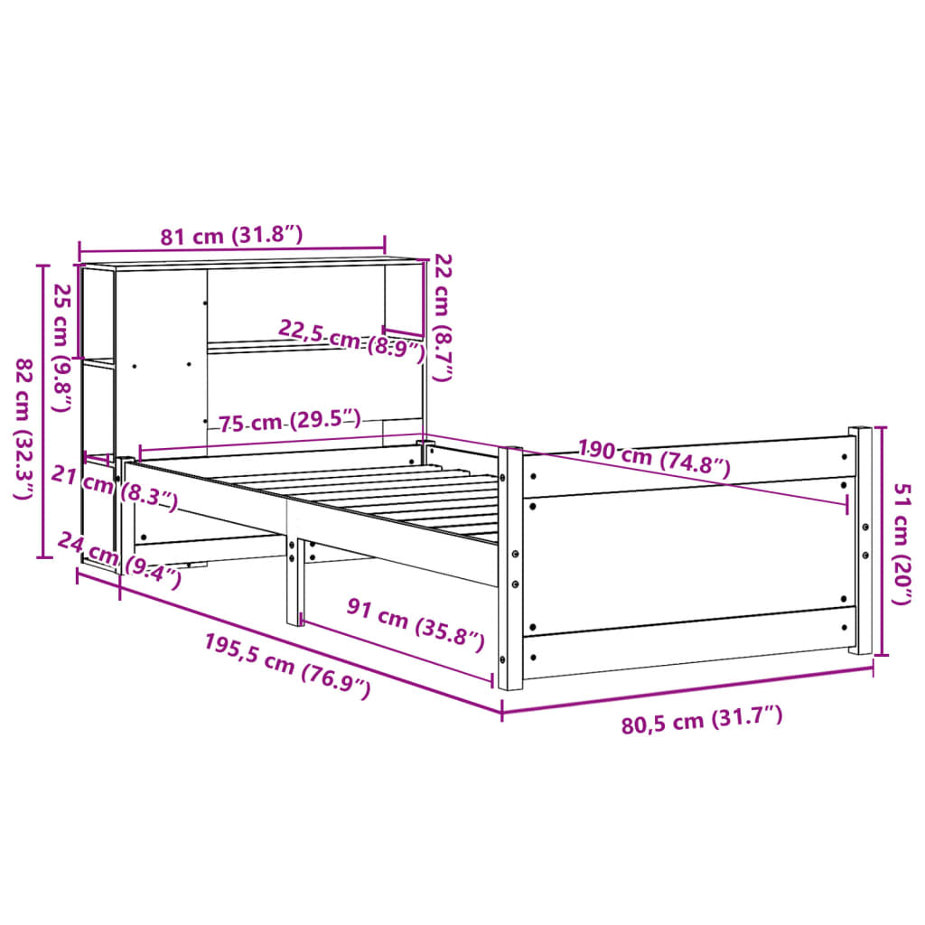 Bed met boekenkast zonder matras massief grenenhout 75x190 cm