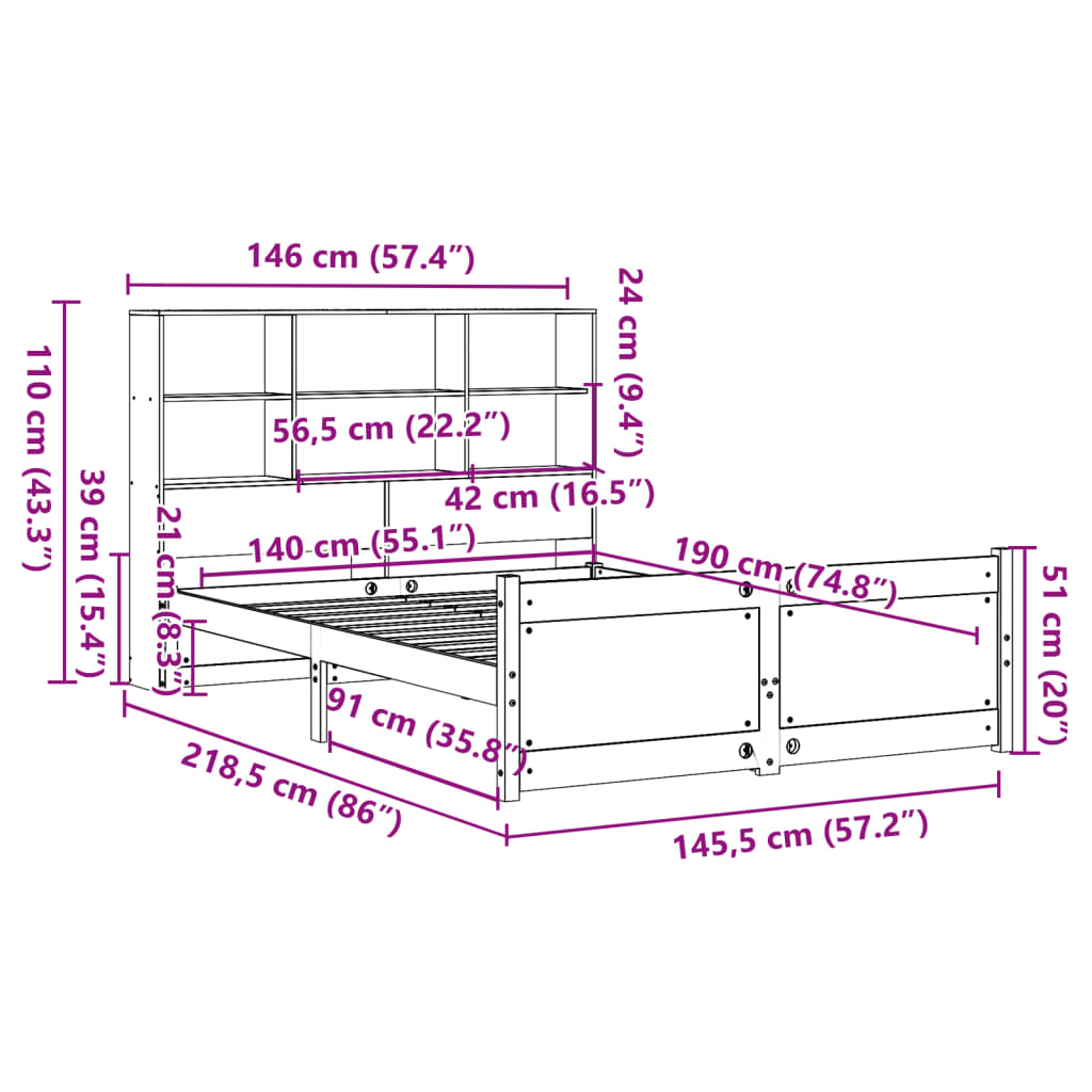 Bed Met Boekenkast Zonder Matras Grenenhout 140 x 190 cm Wit