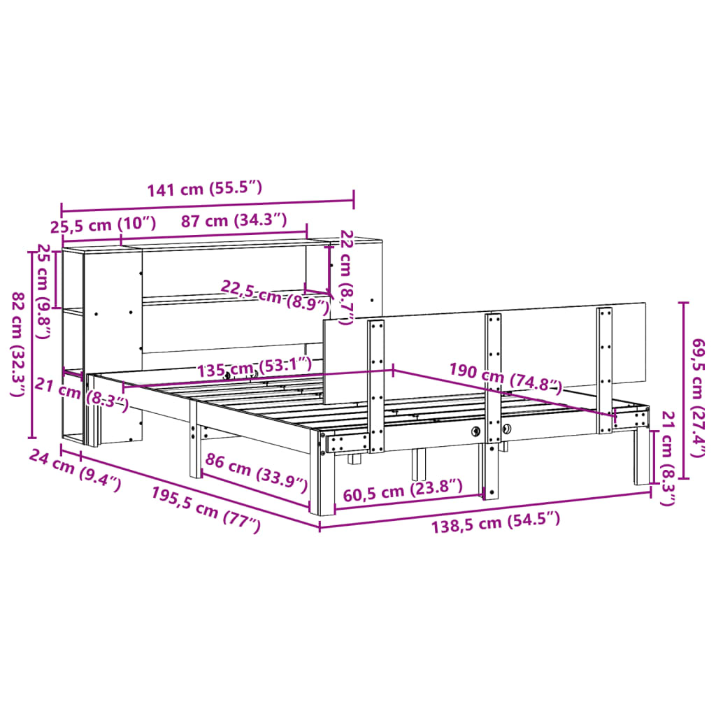 Bed met boekenkast zonder matras massief grenenhout 135x190 cm