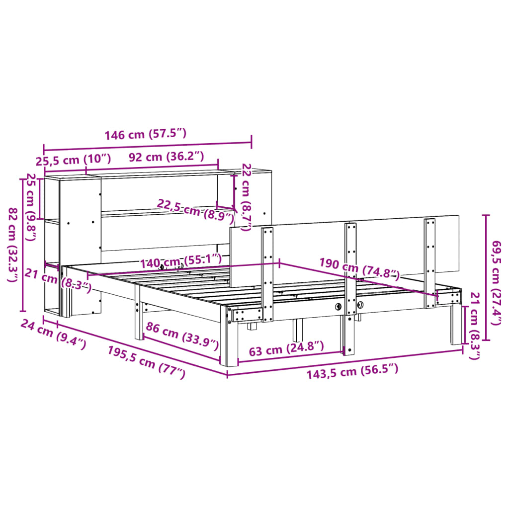 Bed met boekenkast zonder matras grenenhout wit 140x190 cm