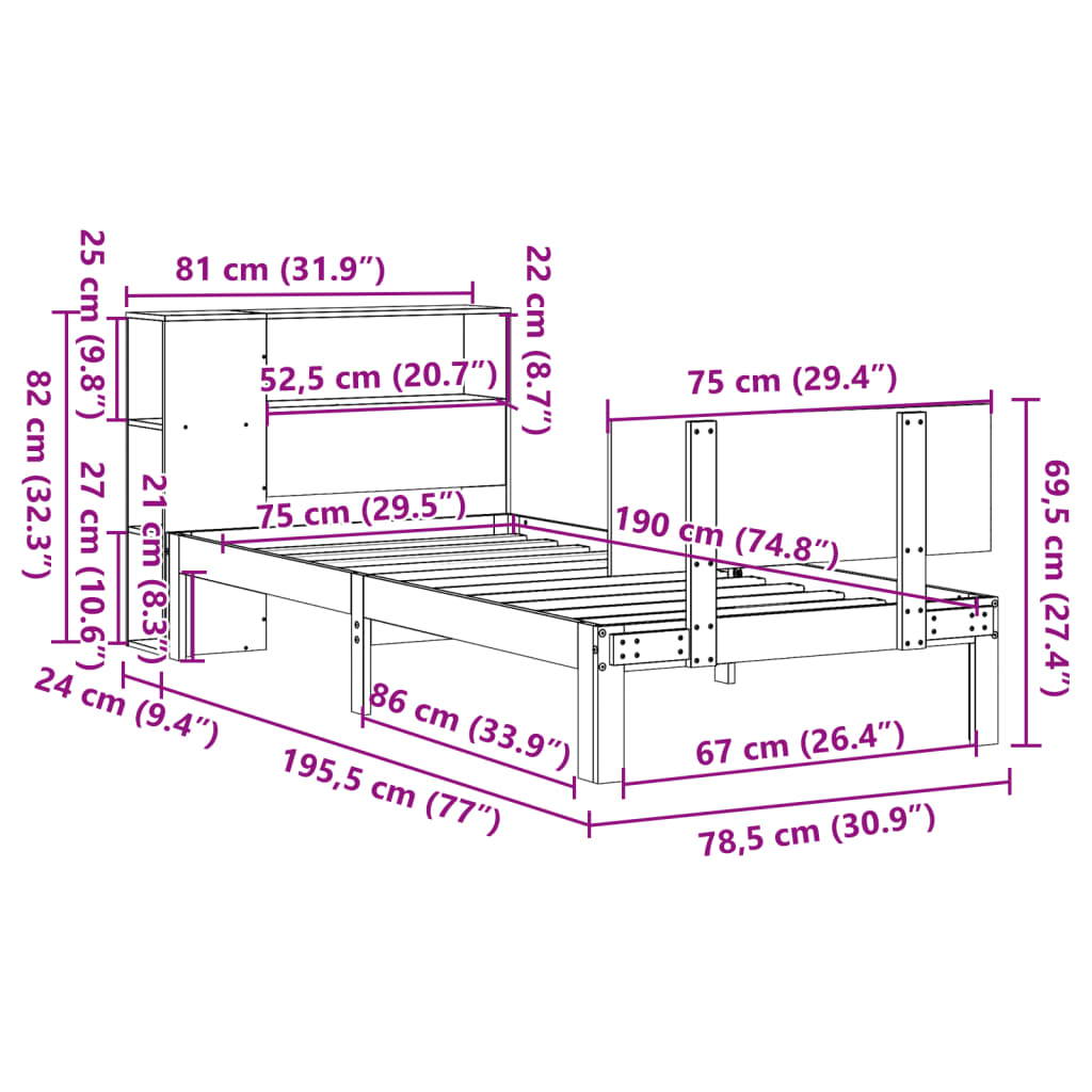 Bed met boekenkast zonder matras massief grenenhout 75x190 cm