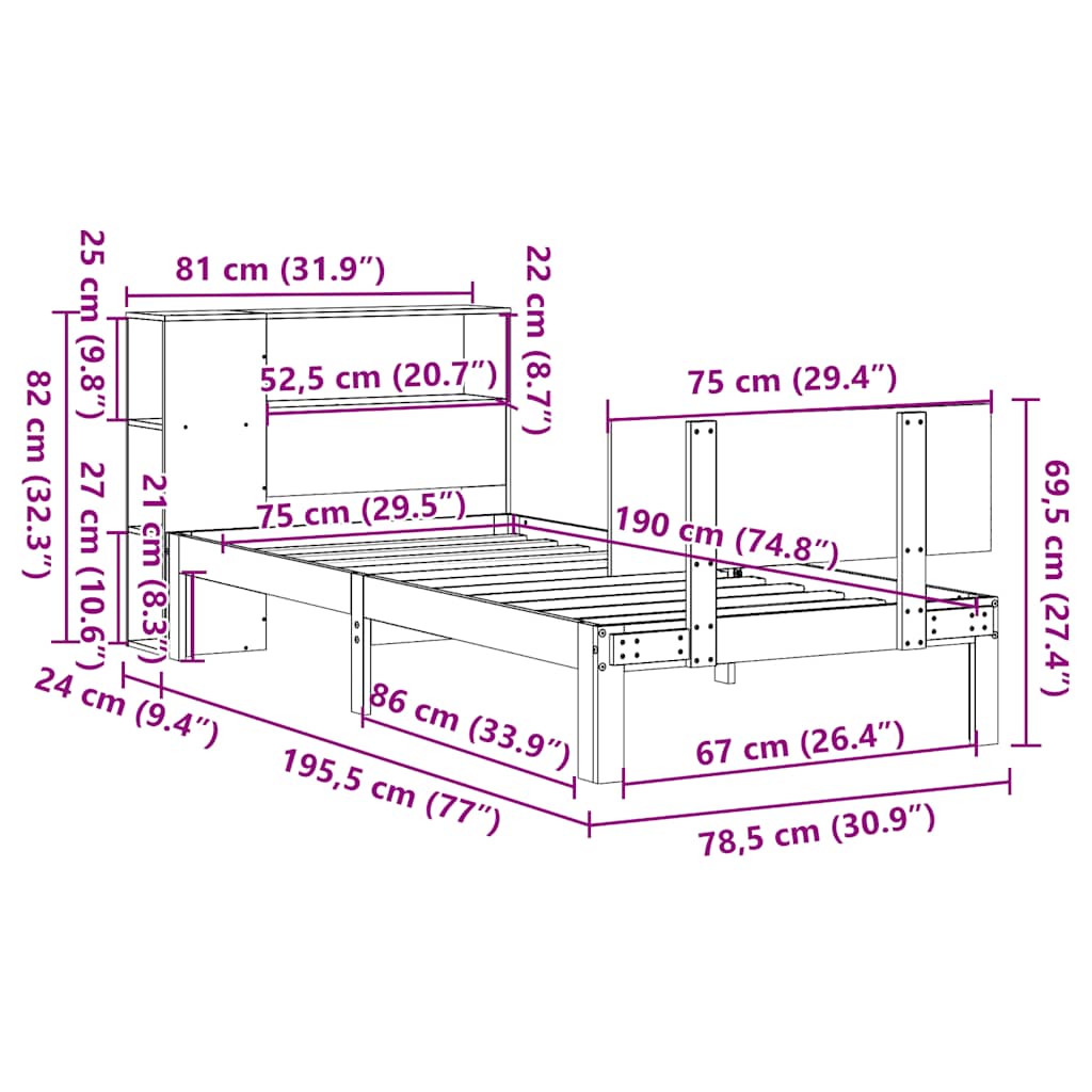 Bed met boekenkast zonder matras grenenhout wit 75x190 cm