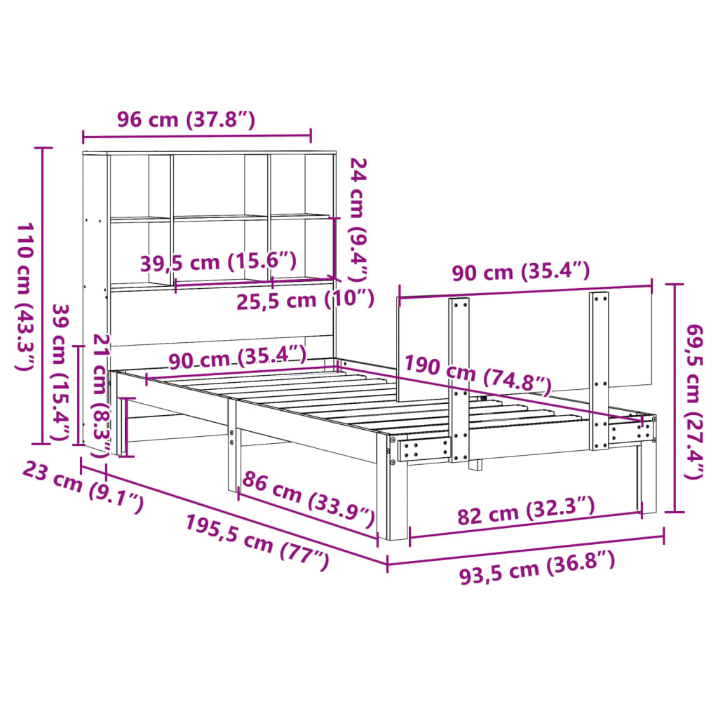 Bed Met Boekenkast Zonder Matras Massief Grenenhout 90 x 190 cm Naturel