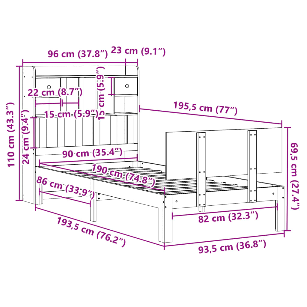 Bed met boekenkast zonder matras massief grenenhout 90x190 cm