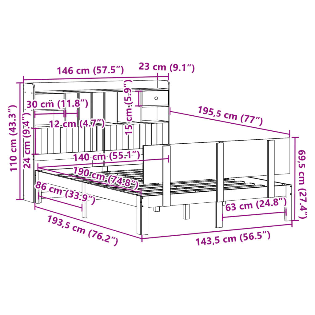Bed met boekenkast zonder matras massief grenenhout 140x190 cm