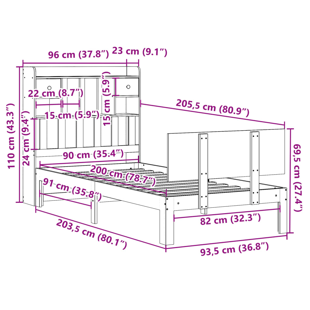 Bed met boekenkast zonder matras massief grenenhout 90x200 cm