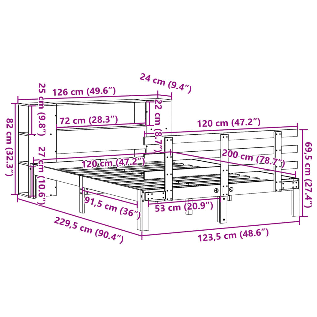 Bed met boekenkast zonder matras grenenhout wit 120x200 cm
