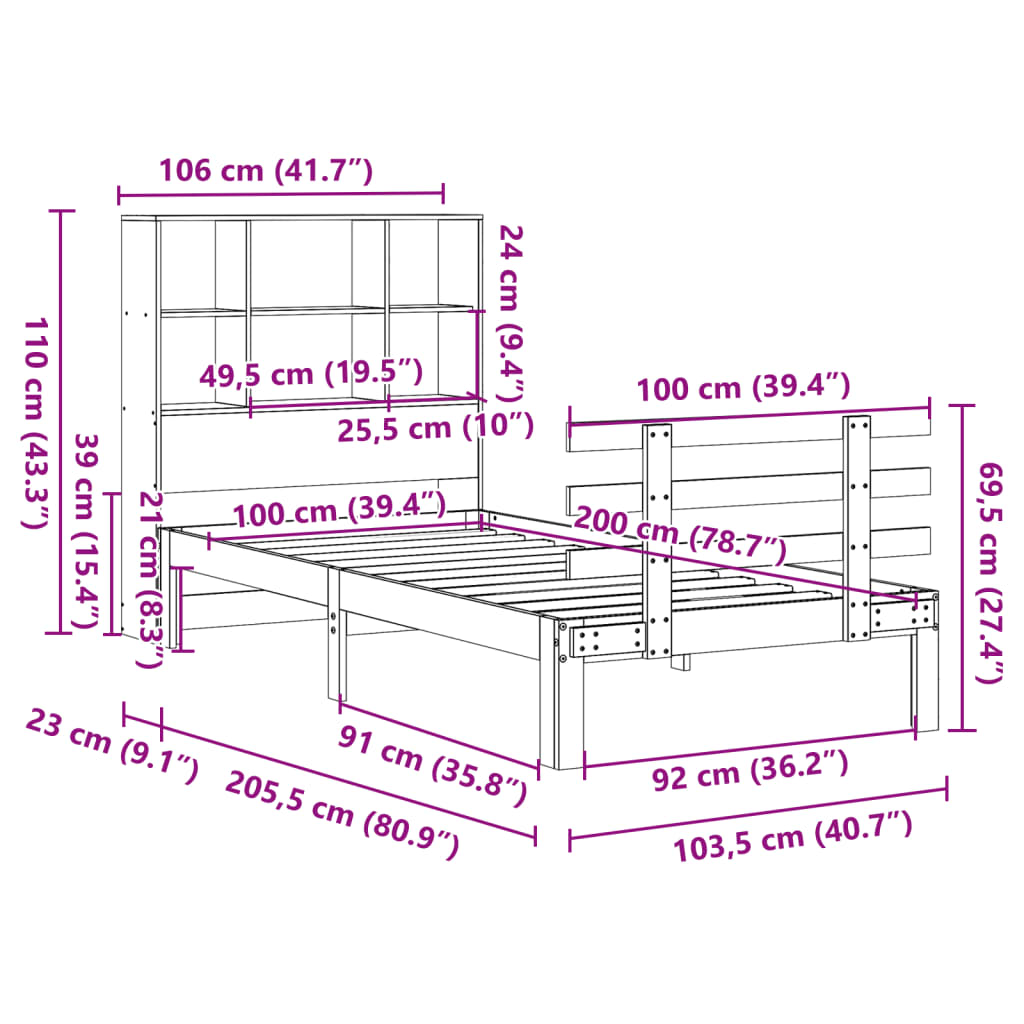 Bed met boekenkast zonder matras grenenhout wasbruin 100x200 cm