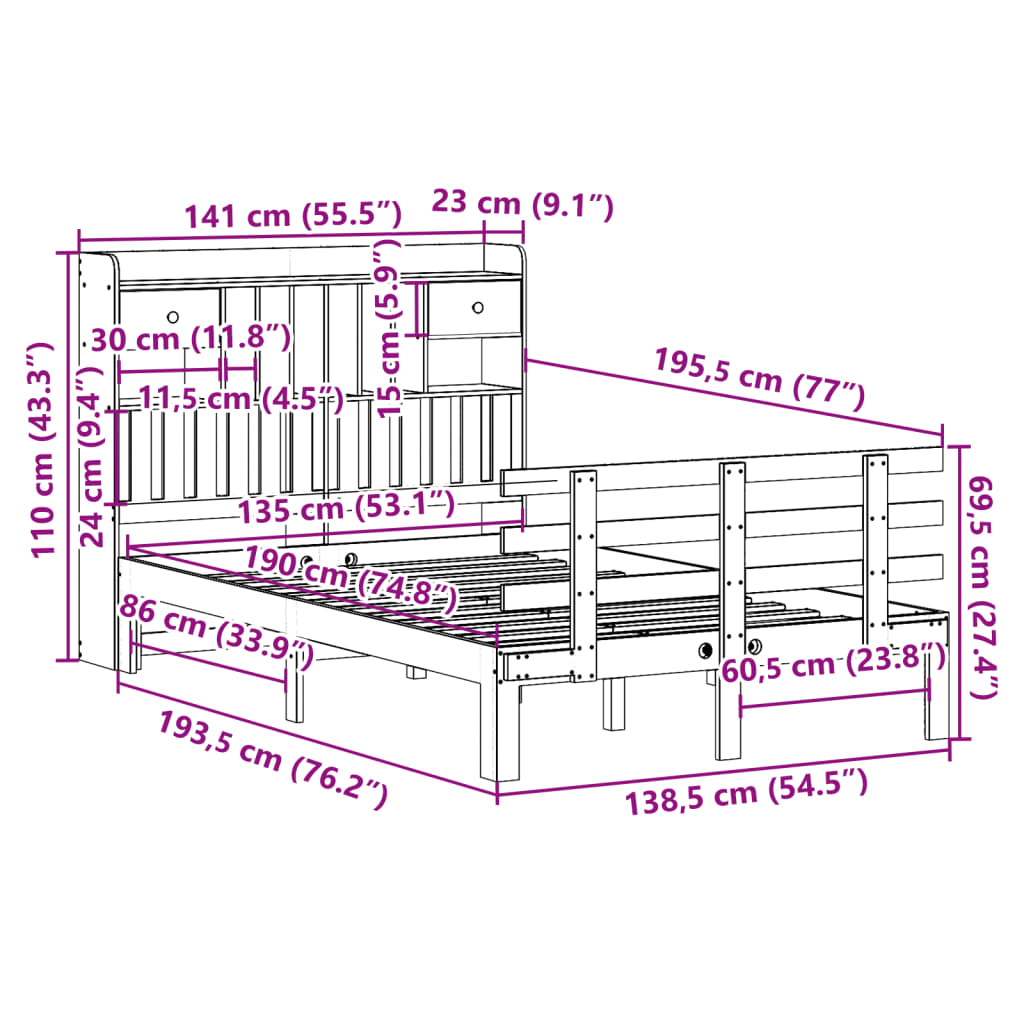 Bed Met Boekenkast Zonder Matras Massief Grenenhout 135 x 190 cm Naturel