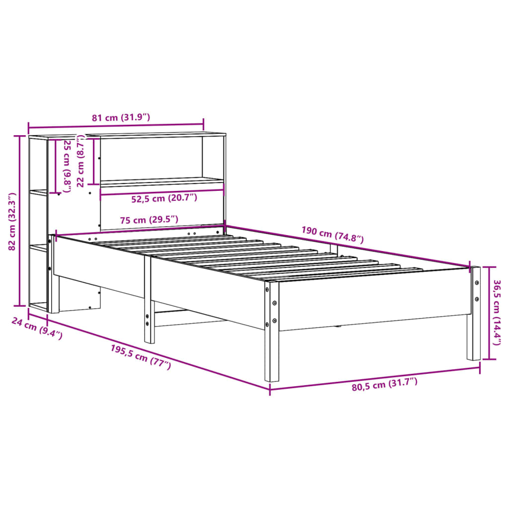 Bed met boekenkast zonder matras grenenhout wasbruin 75x190 cm