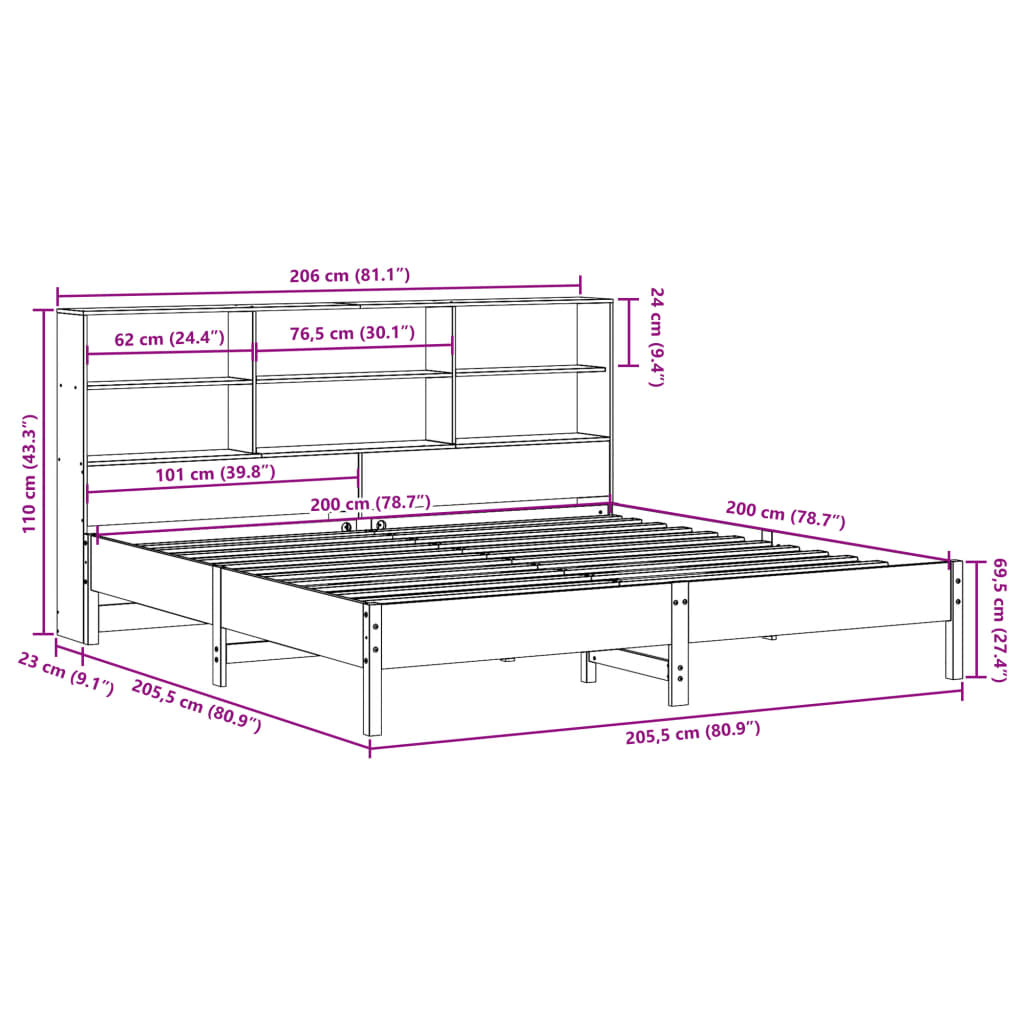 Bed met boekenkast zonder matras grenenhout wasbruin 200x200 cm