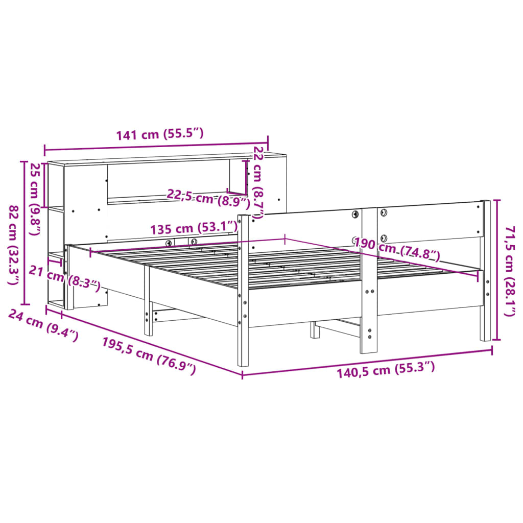 Bed met boekenkast zonder matras grenenhout wasbruin 135x190 cm