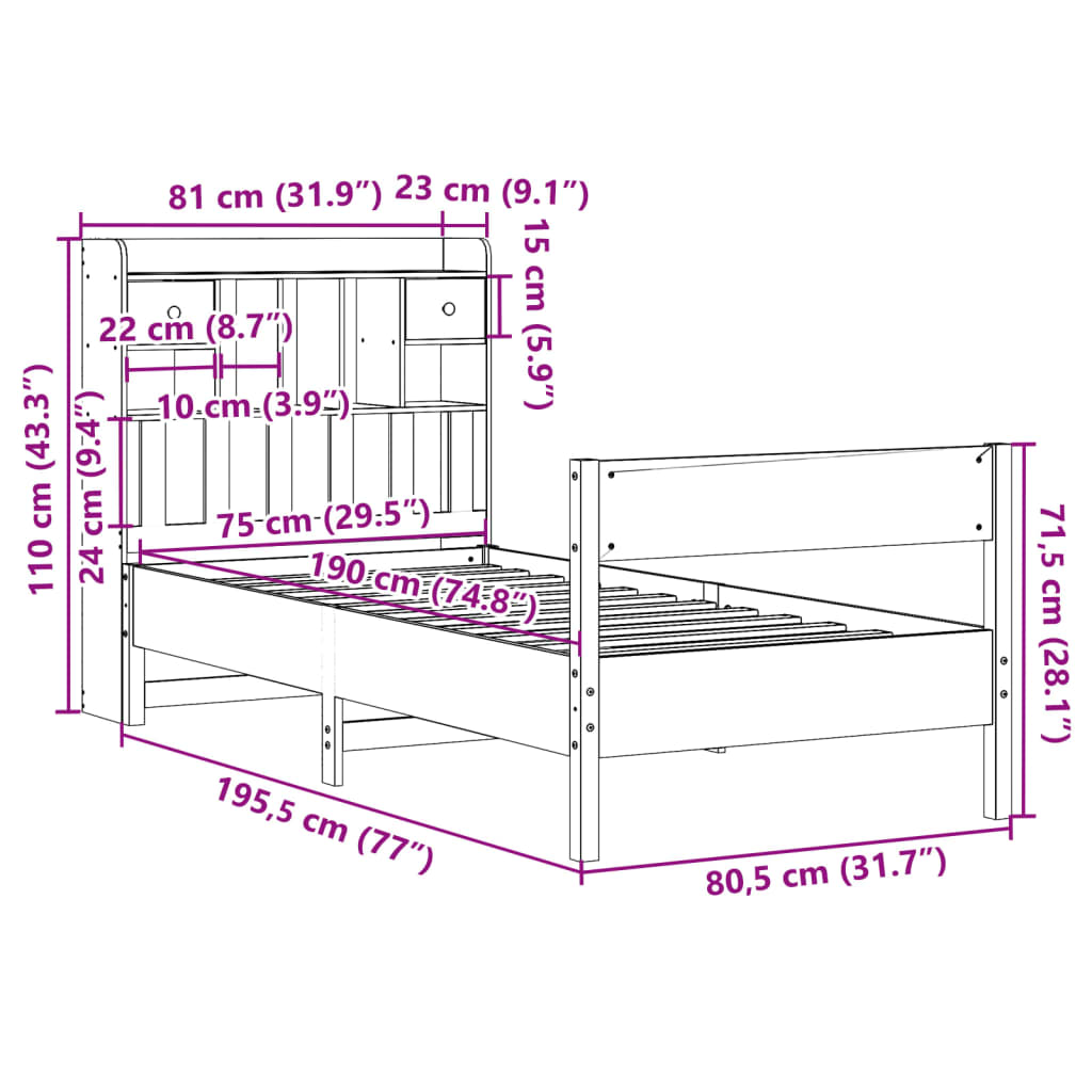 Bed met boekenkast zonder matras grenenhout wit 75x190 cm