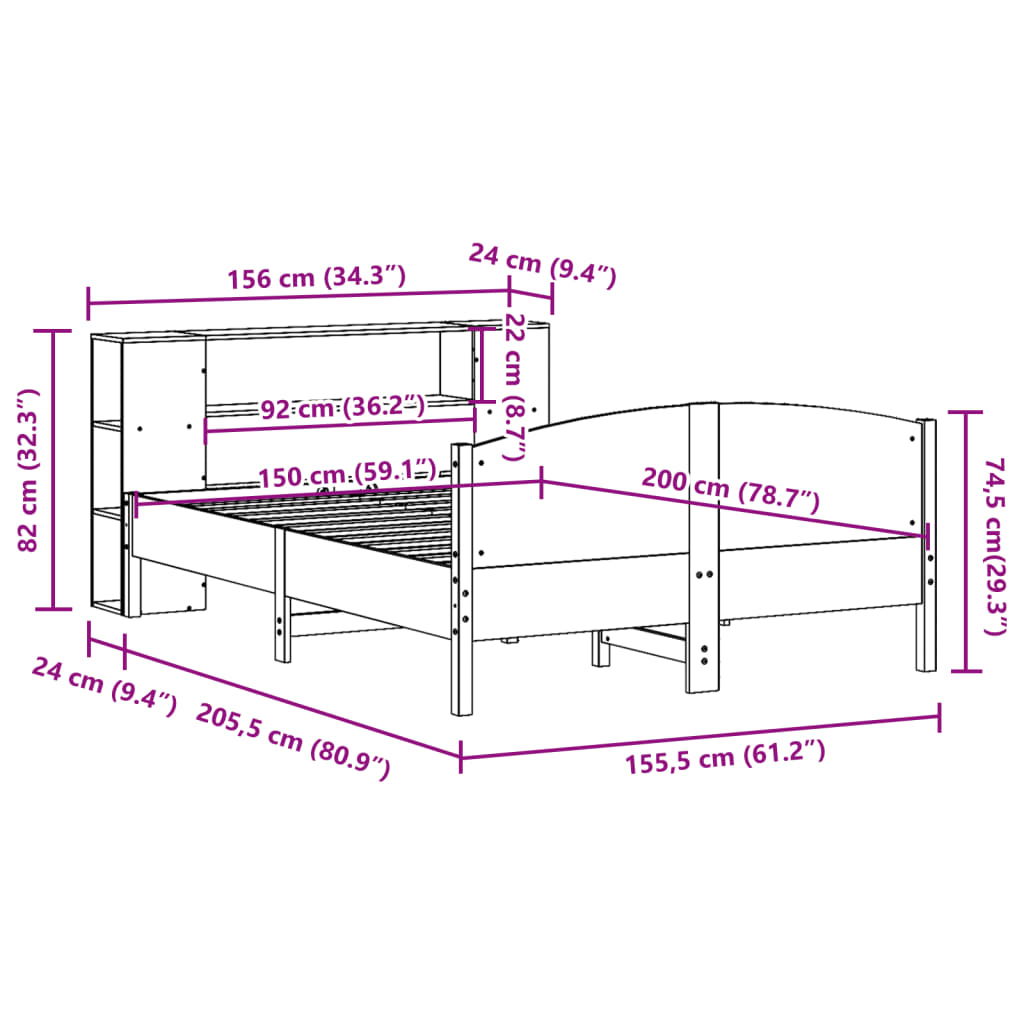 Bed met boekenkast zonder matras grenenhout wit 150x200 cm