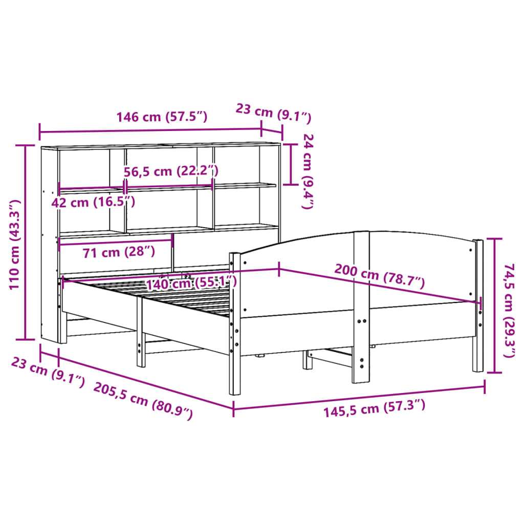 Bed met boekenkast zonder matras grenenhout wit 140x200 cm