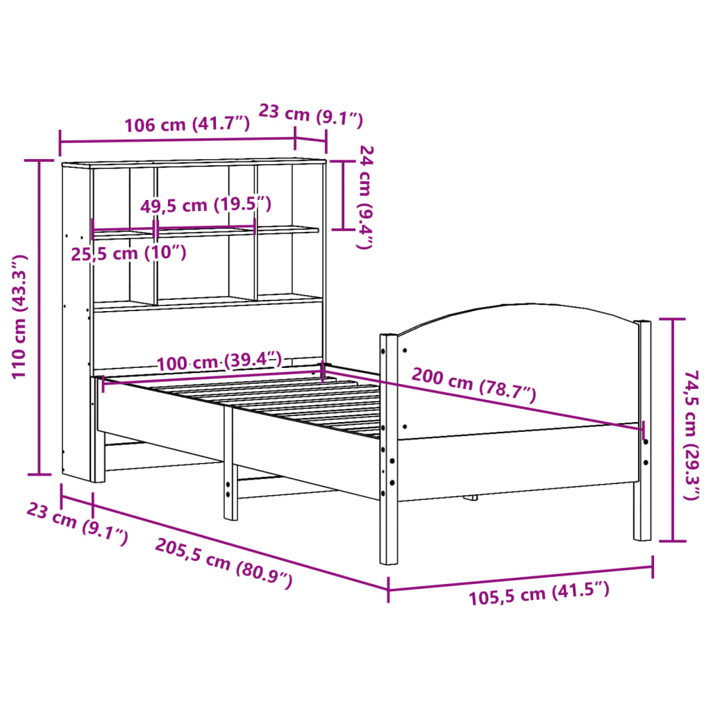 Bed met boekenkast zonder matras grenenhout wasbruin 100x200 cm