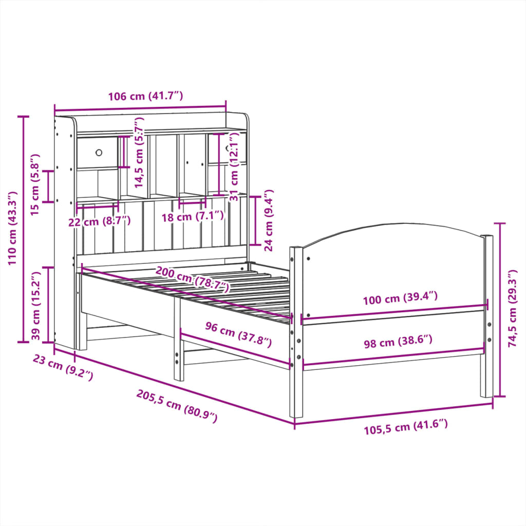 Bed met boekenkast zonder matras grenenhout wasbruin 100x200 cm