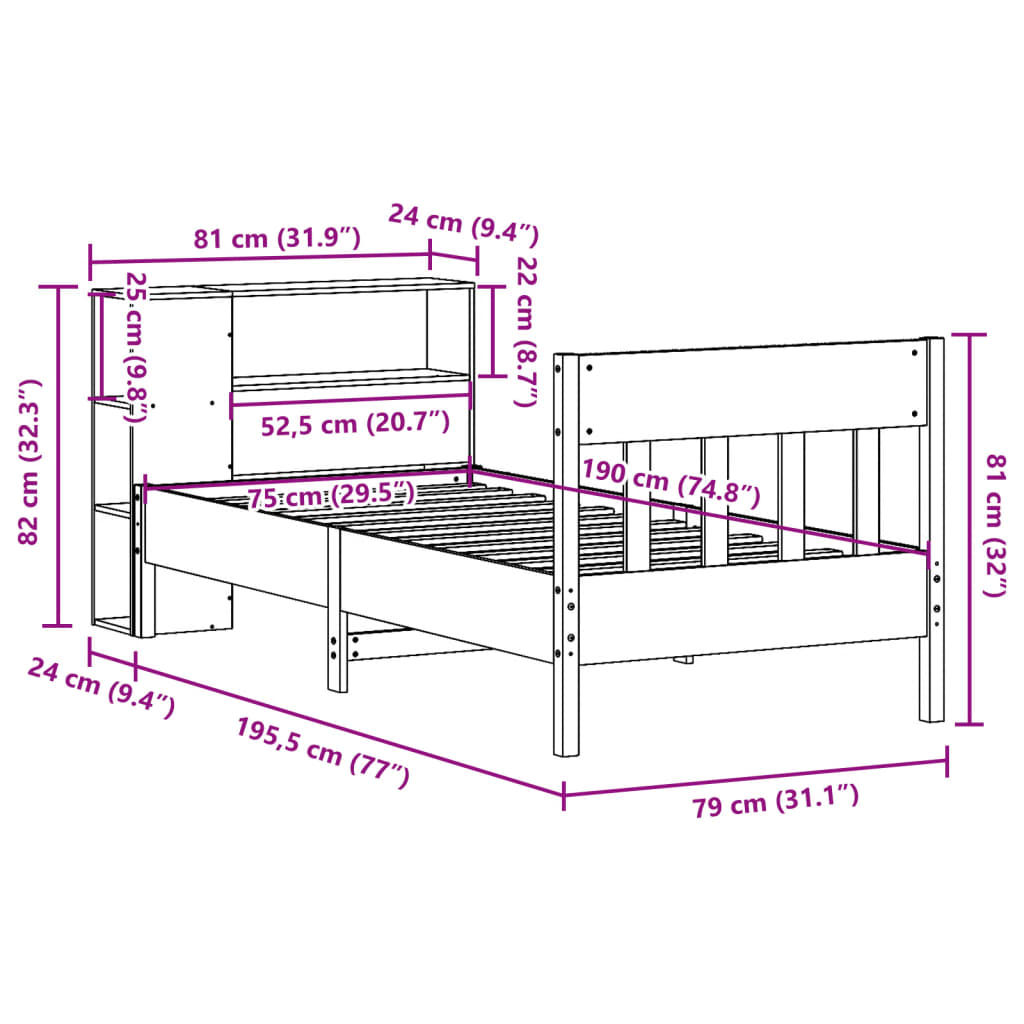 Bed met boekenkast zonder matras massief grenenhout 75x190 cm