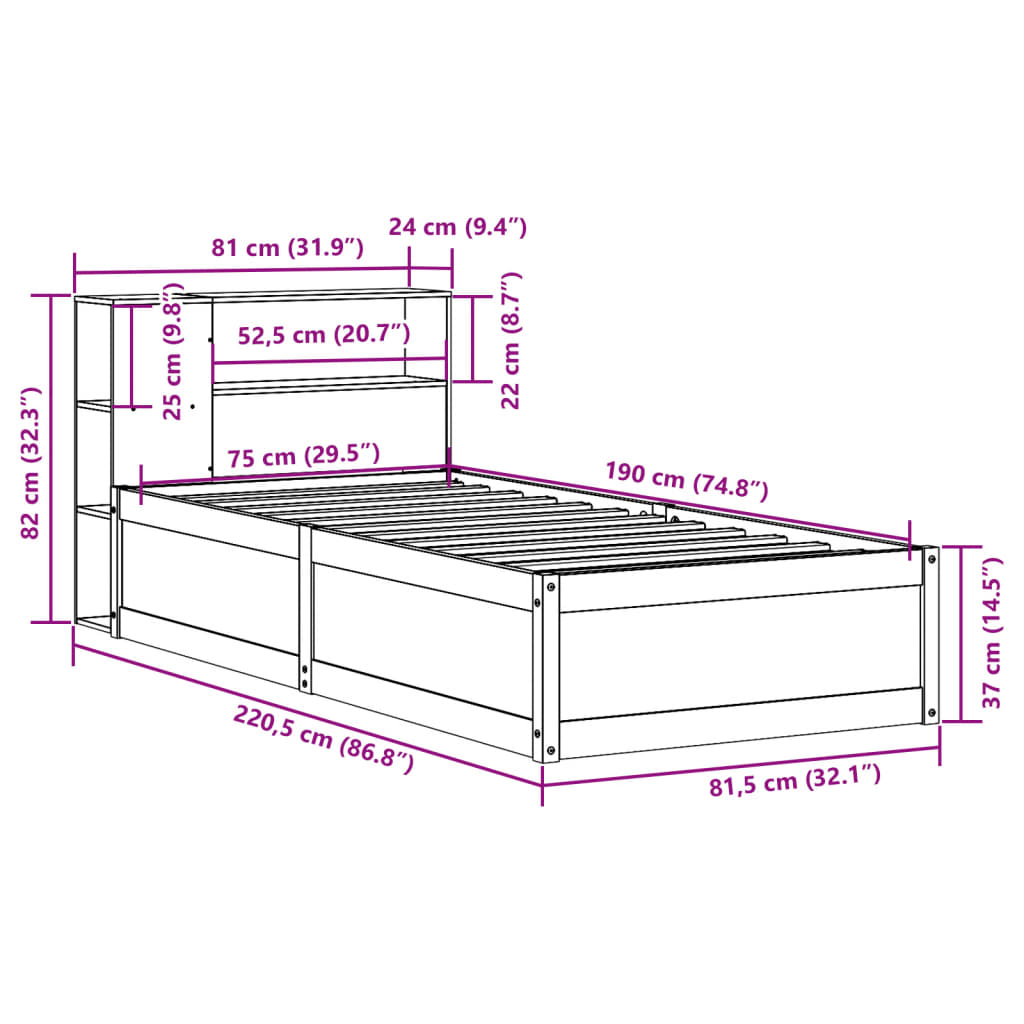 Bedframe zonder matras massief grenenhout 75x190 cm